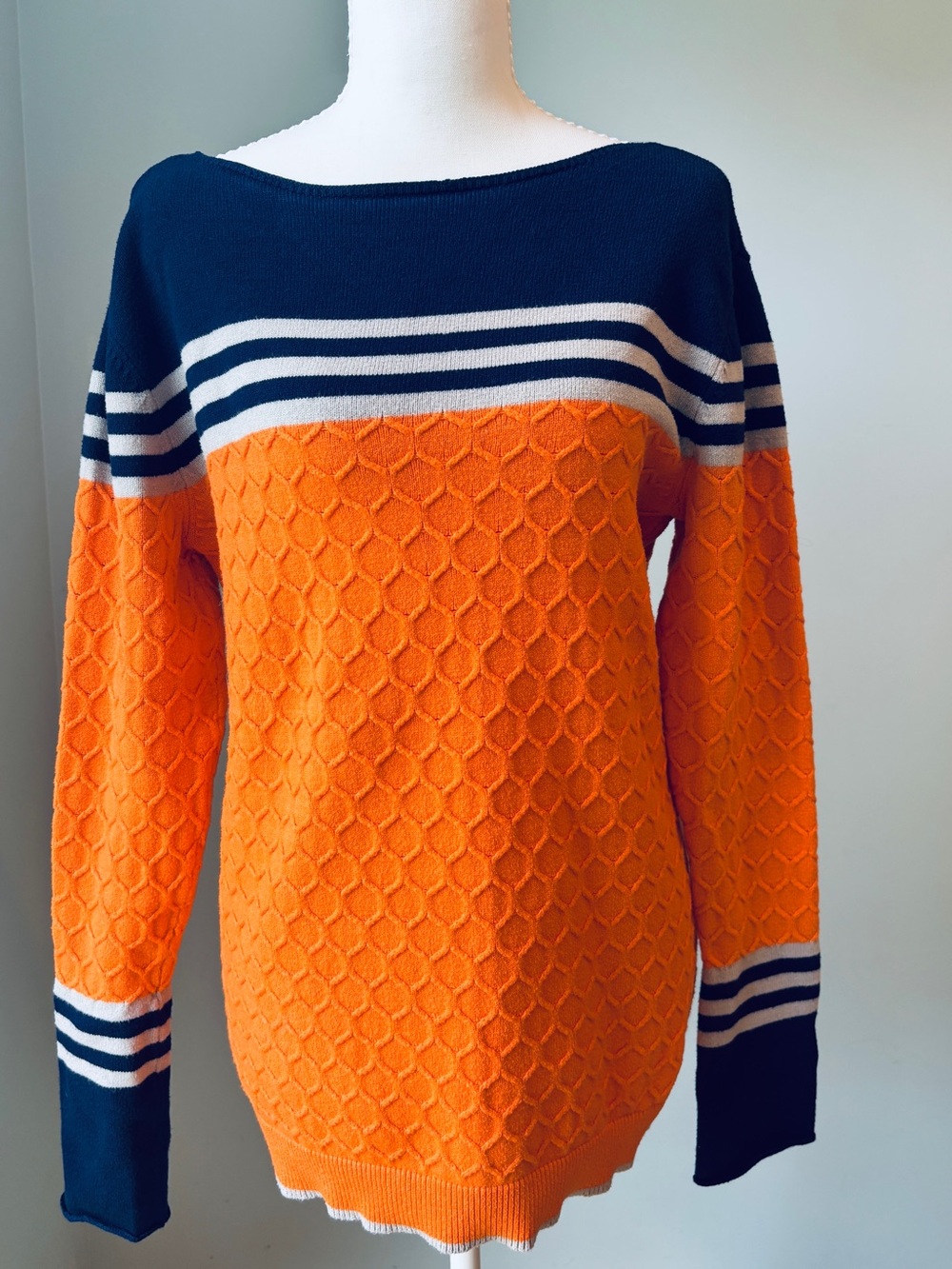 Zesica Style Orange & Navy Striped Textured Knit Sweater XL